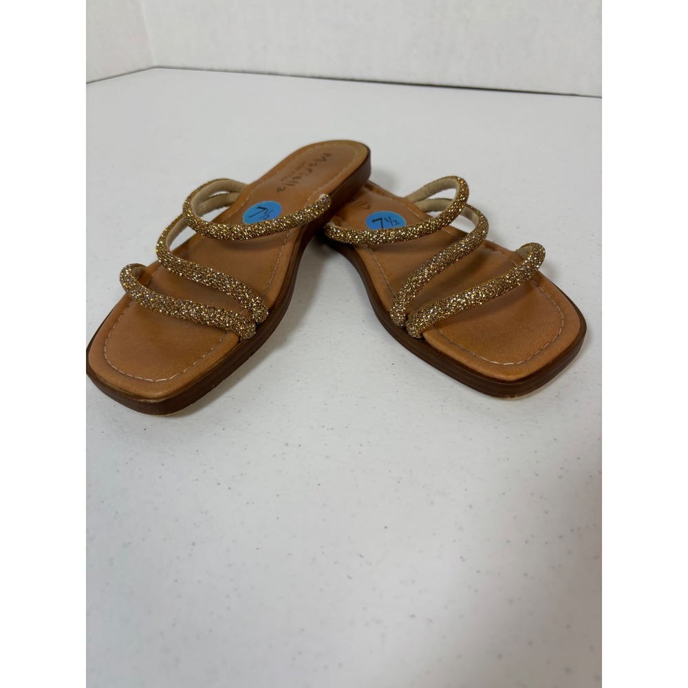 Mariella Made in Italy Gold Glitter Triple Strap Slide Sandals Square Toe 7.5